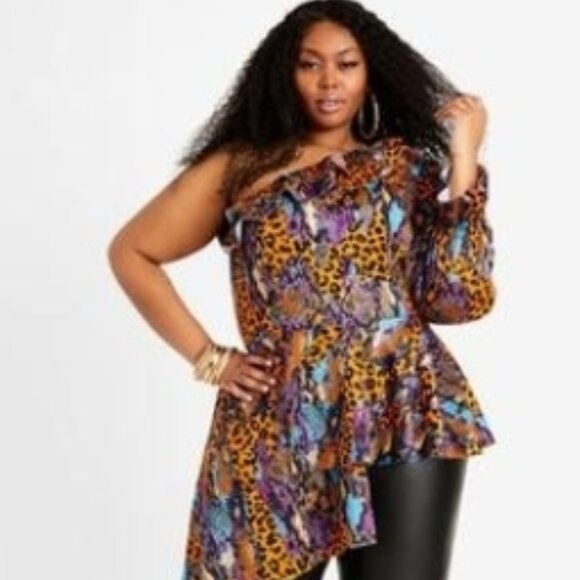 ASHLEY STEWART PLUS SIZE MIX ANIMAL PRINT ONE SHOULDER TOP | SIZE 30/32 | MULTI - Picture 1 of 7
